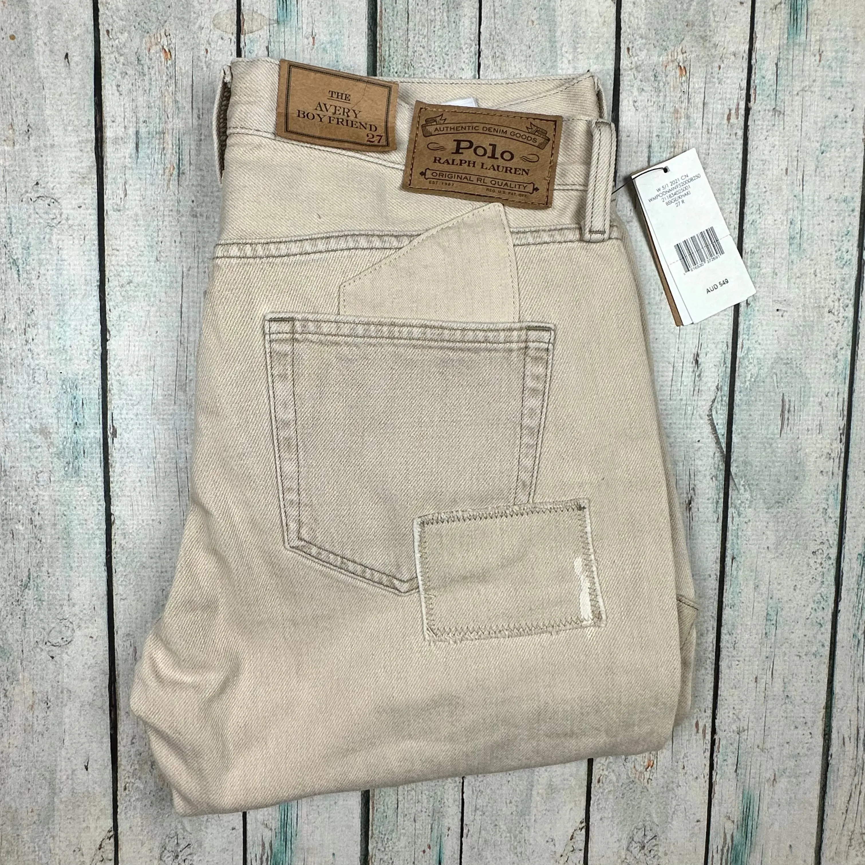 NWT-Ralph Lauren 'Avery Boyfriend' Patchwork Beige Denim Jeans - Size 27