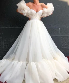Off Shoulder Beaded Satin Wedding Dress