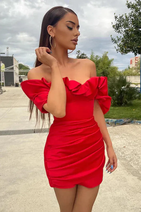 Off shoulder pleated red short Homecoming Dresses Sexy
