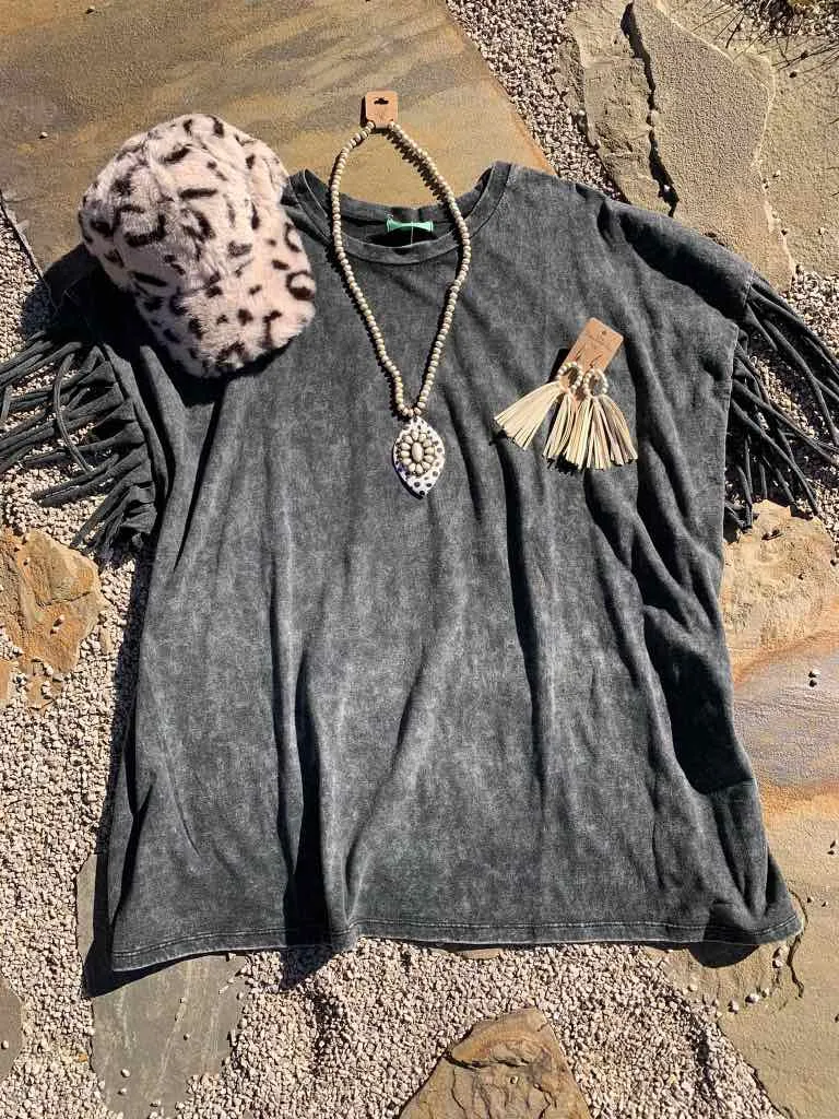 Olive Acid Washed Fringed Tee