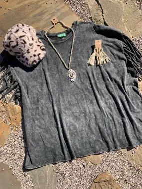 Olive Acid Washed Fringed Tee