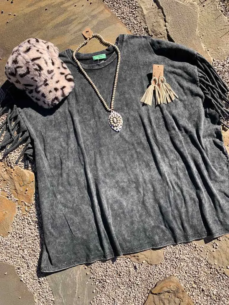 Olive Acid Washed Fringed Tee