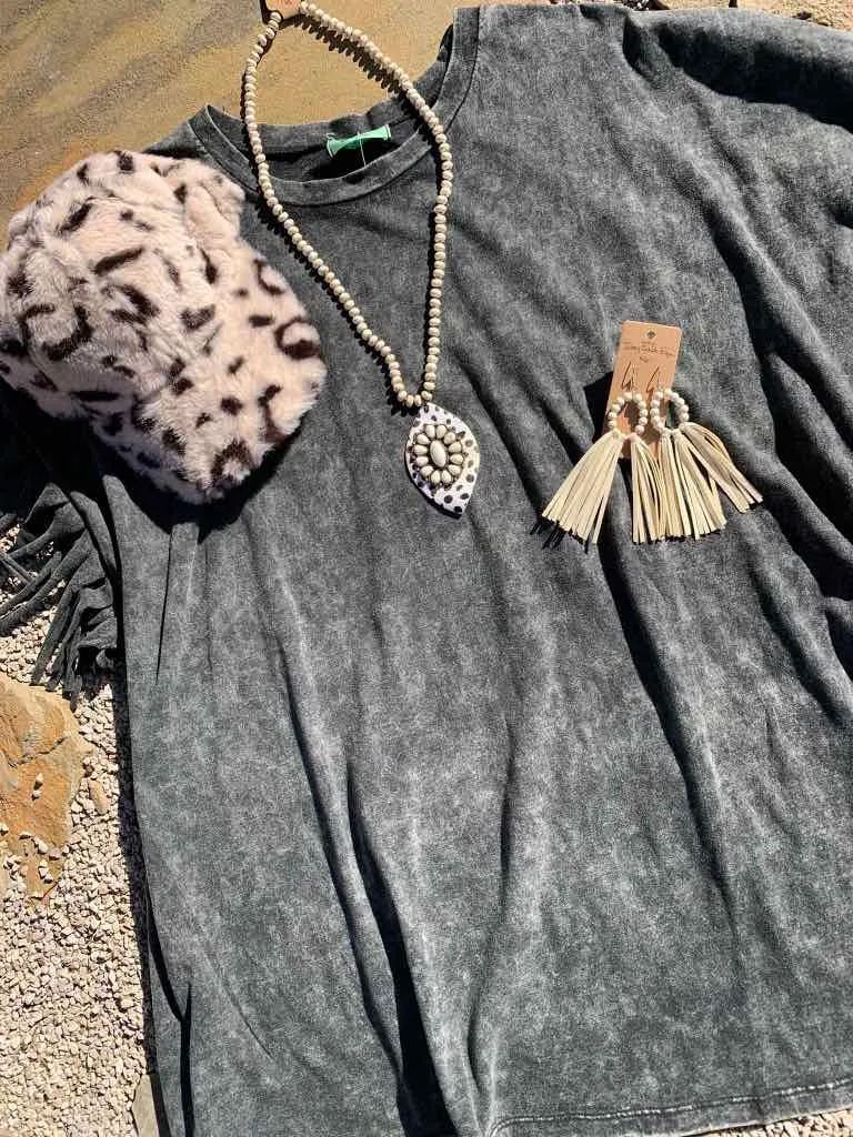 Olive Acid Washed Fringed Tee