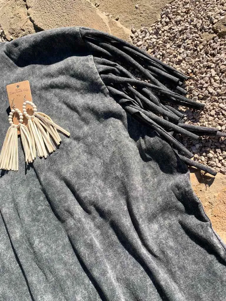 Olive Acid Washed Fringed Tee