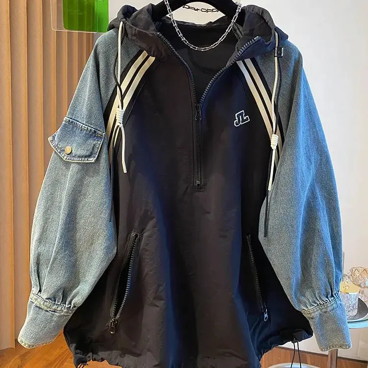 Oversized Patchwork Sweatshirt für Frauen im Y2K-Style mit Kapuz