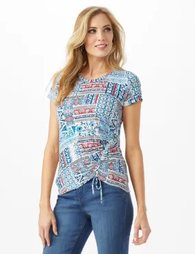 Patchwork  Asymmetrical Side Cinch Knit Top - Petite
