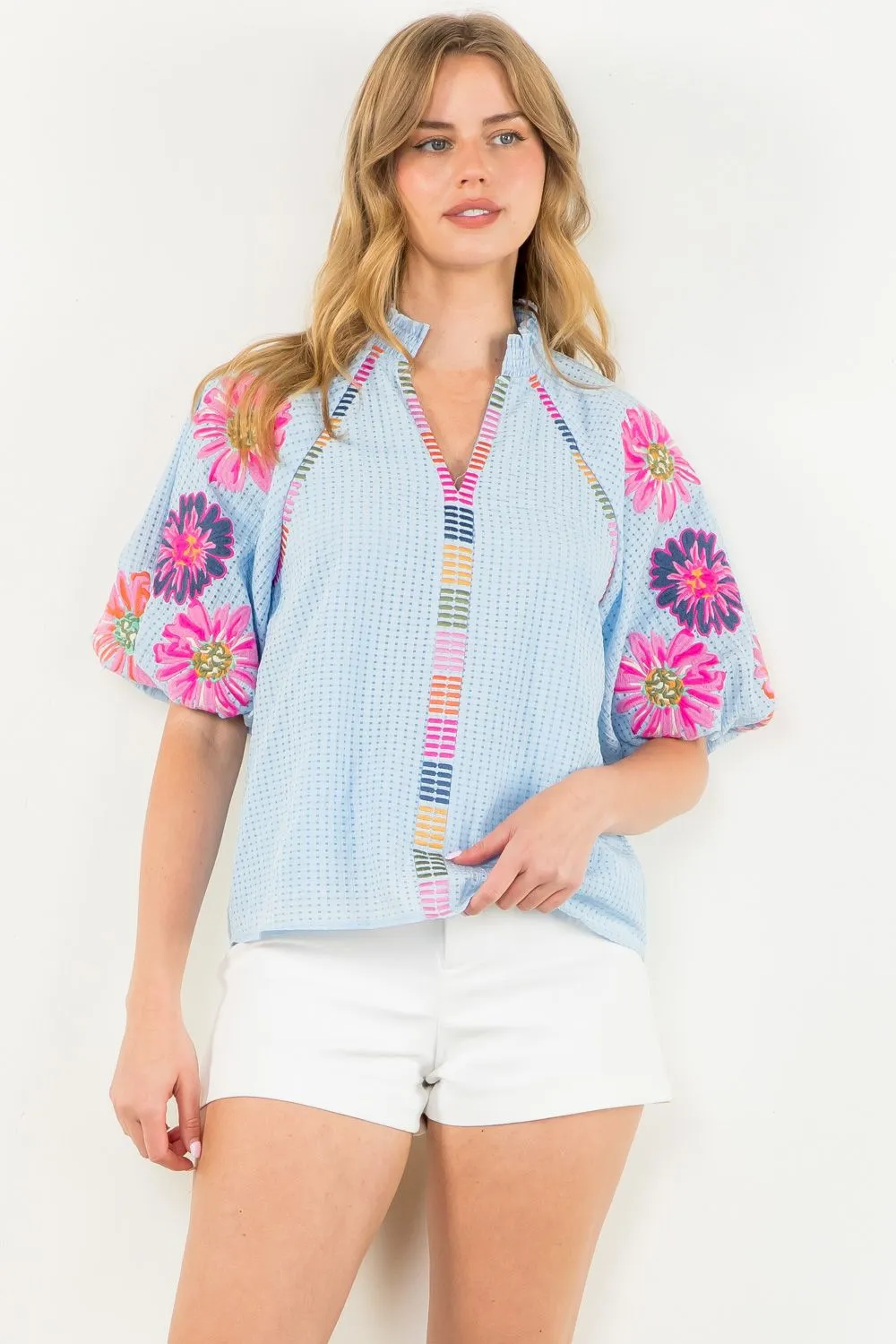 Puff Sleeve Floral Embroidered Top by THML