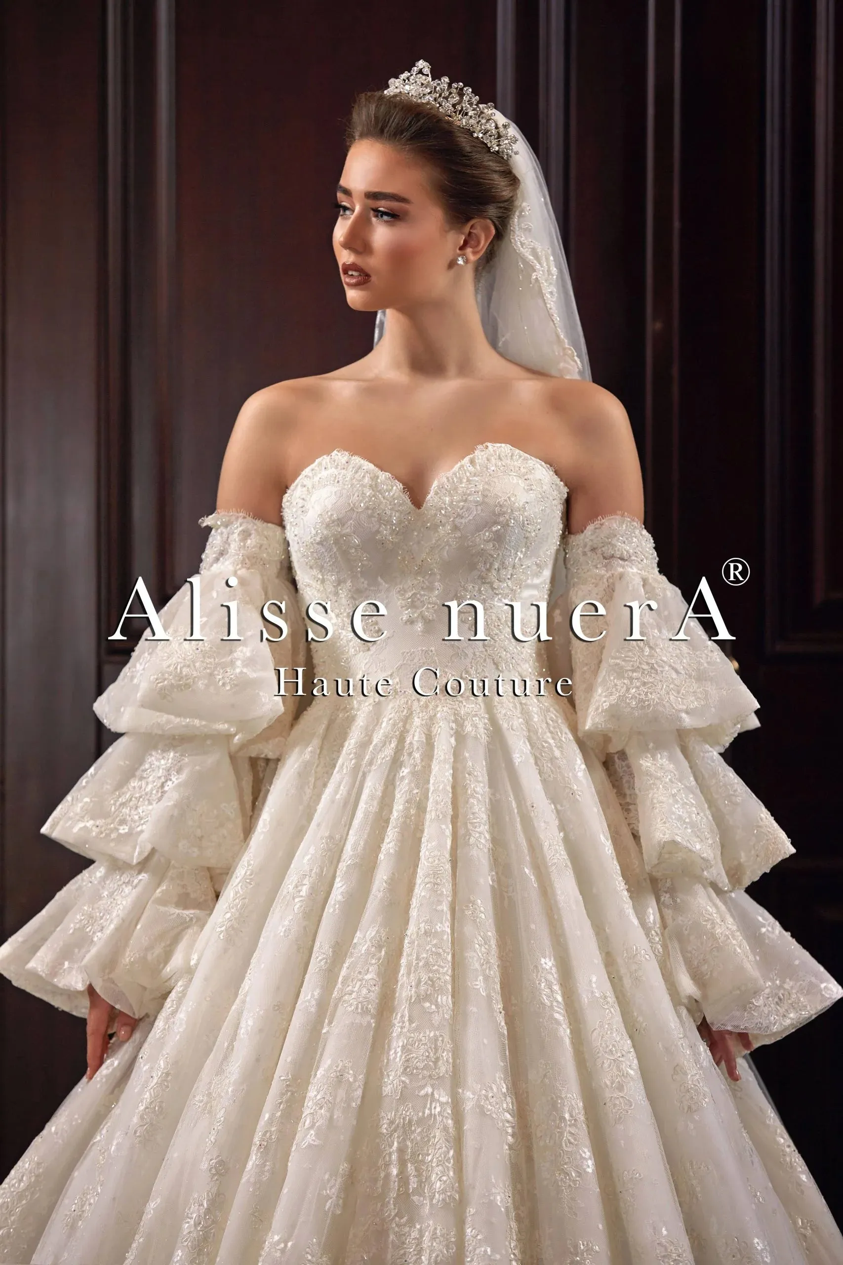 Shimmering Lace Wedding Dress A Line Silhouette with Removable Layered Long Sleeve