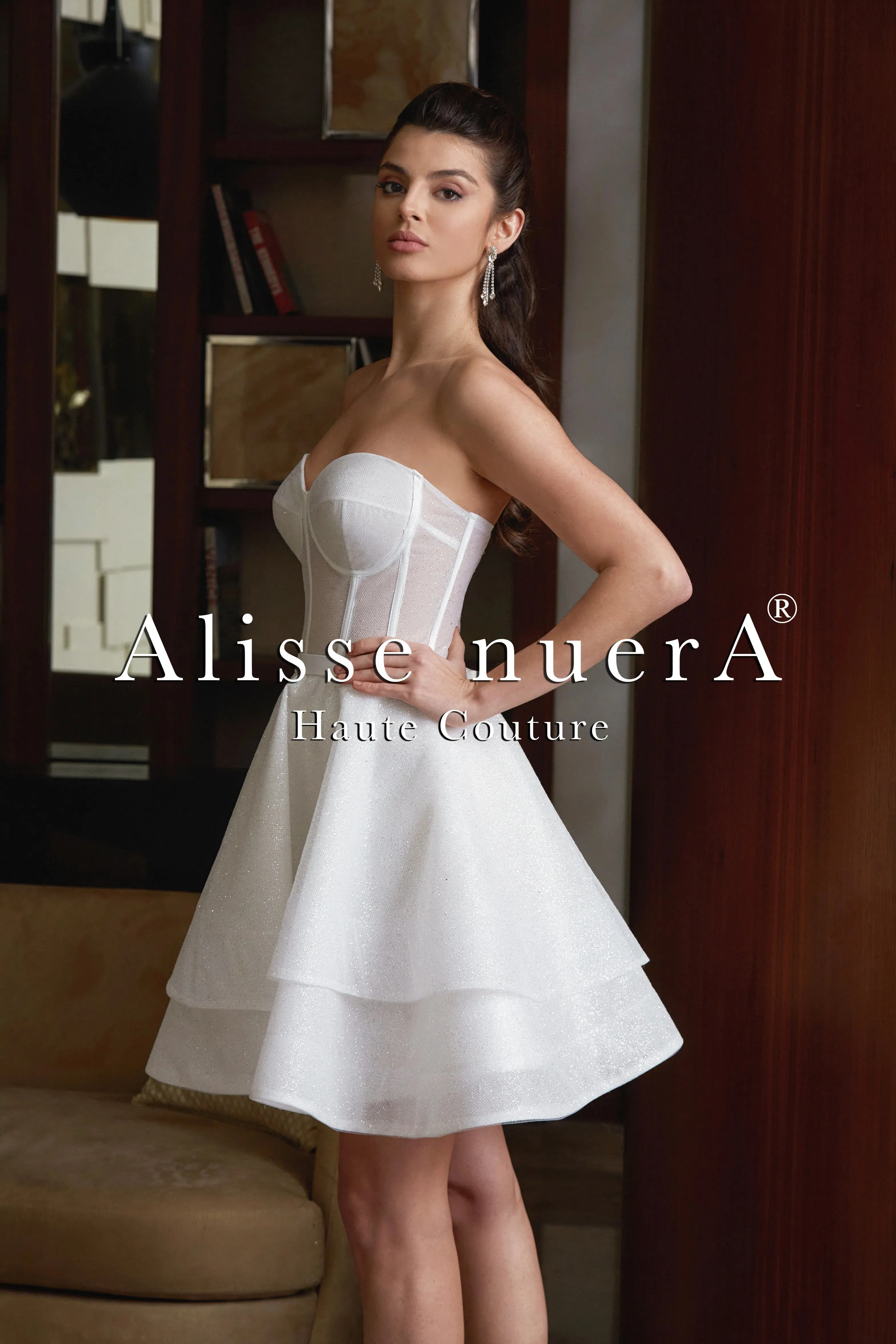 Strapless Layered Transparent Mini Wedding Dress Model