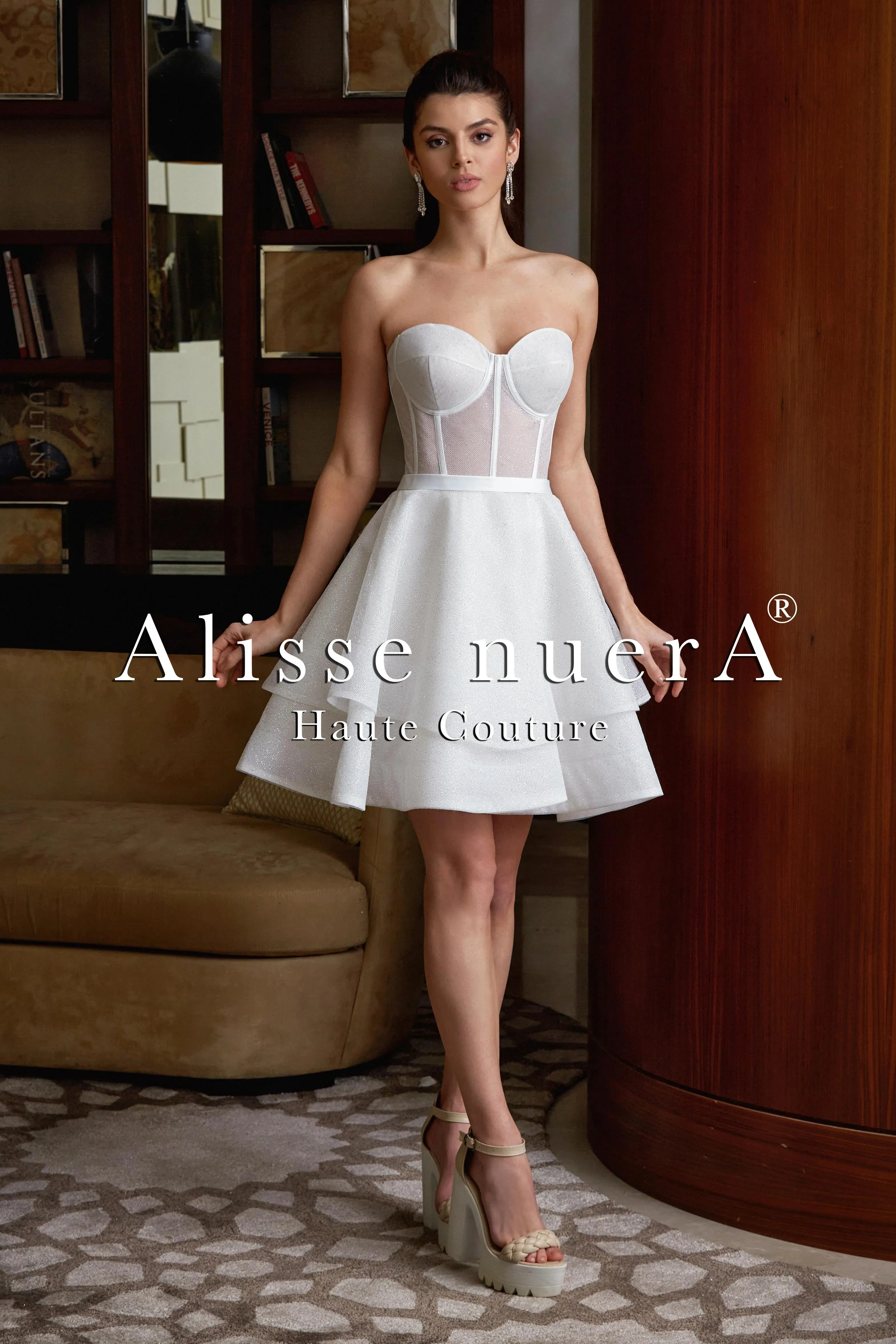 Strapless Layered Transparent Mini Wedding Dress Model