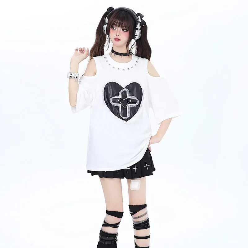 Sweet Cool Girly Style Loving Heart Embroidered T-shirt