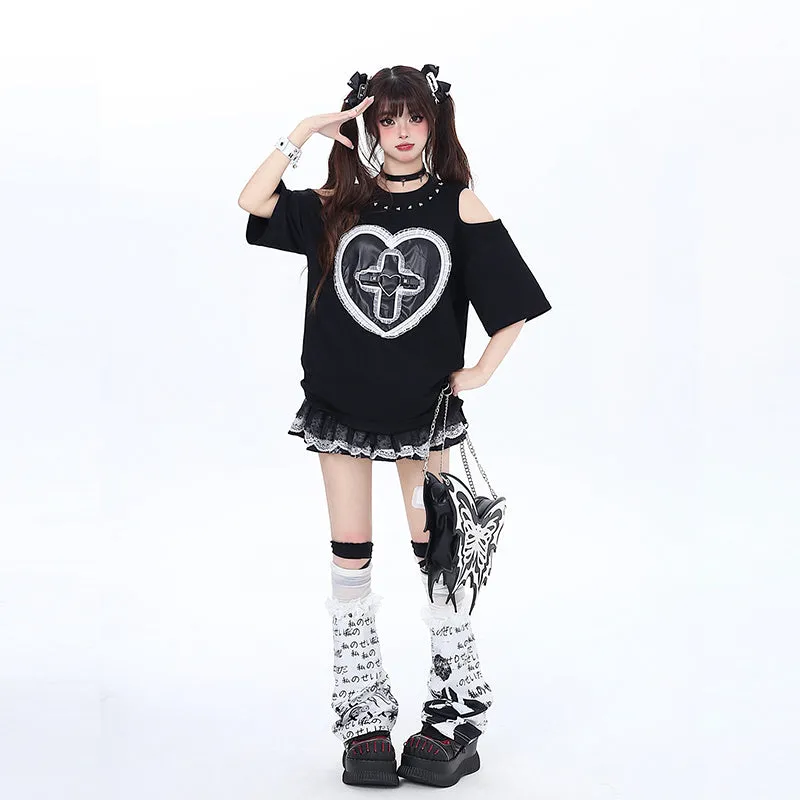 Sweet Cool Girly Style Loving Heart Embroidered T-shirt