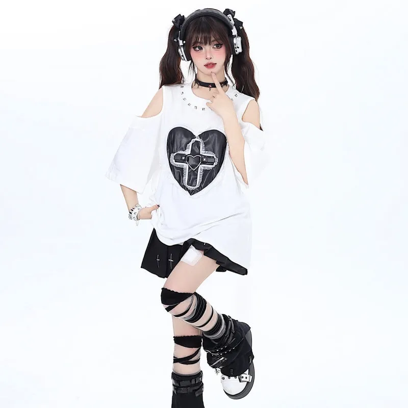 Sweet Cool Girly Style Loving Heart Embroidered T-shirt