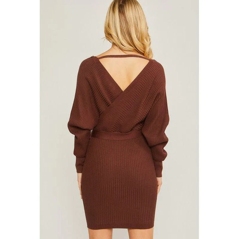 The Willow Off Shoulder Wrap Knit Dress In Brown, Wine, Black Or Camel