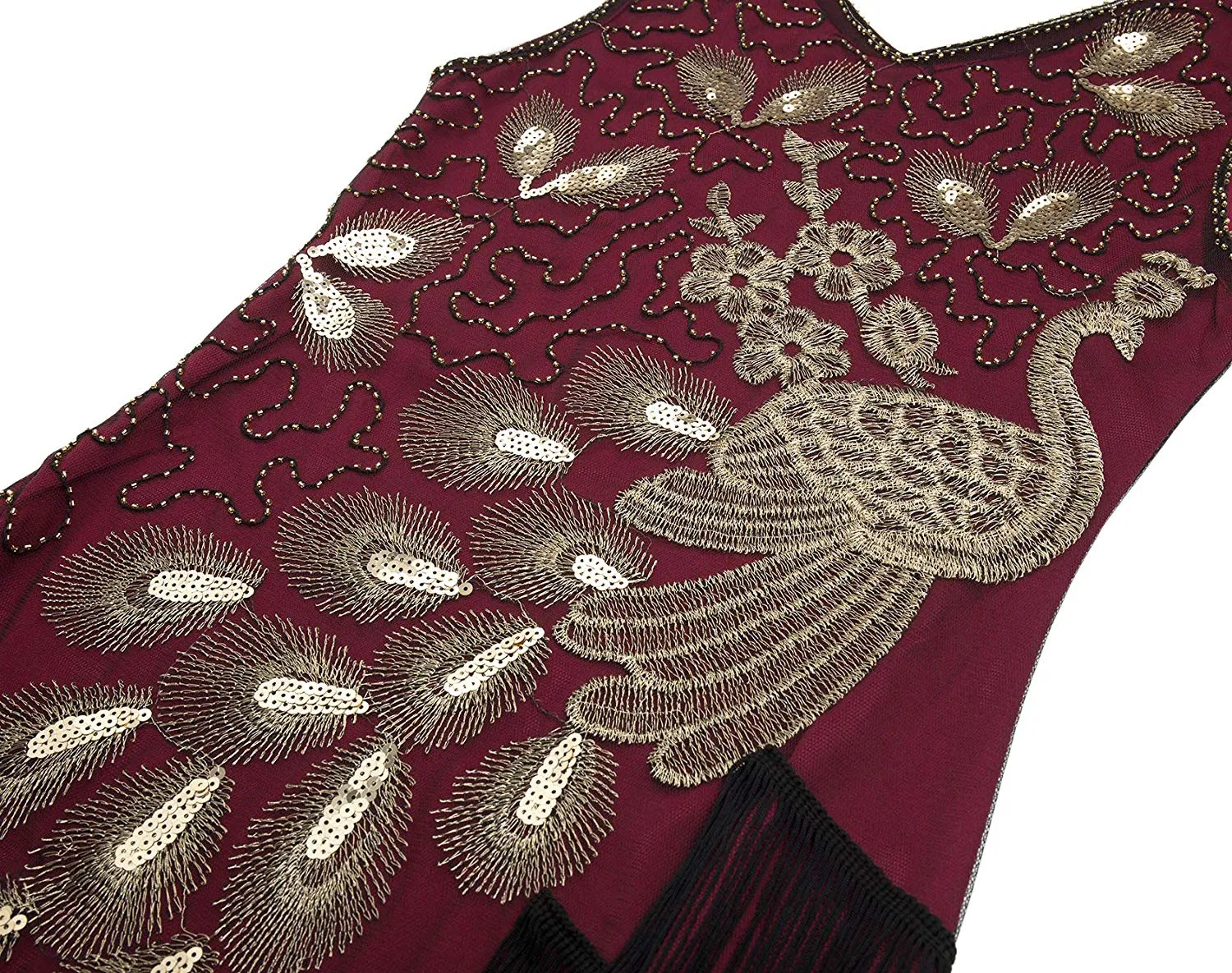 US STOCK Vintage 1920s Wine Unique Peacock Sequined Dress Gatsby Fringed Flapper Dress Roaring 20s Party Dress