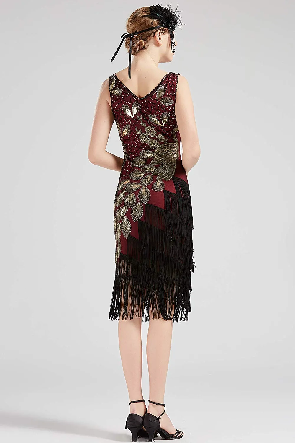 US STOCK Vintage 1920s Wine Unique Peacock Sequined Dress Gatsby Fringed Flapper Dress Roaring 20s Party Dress