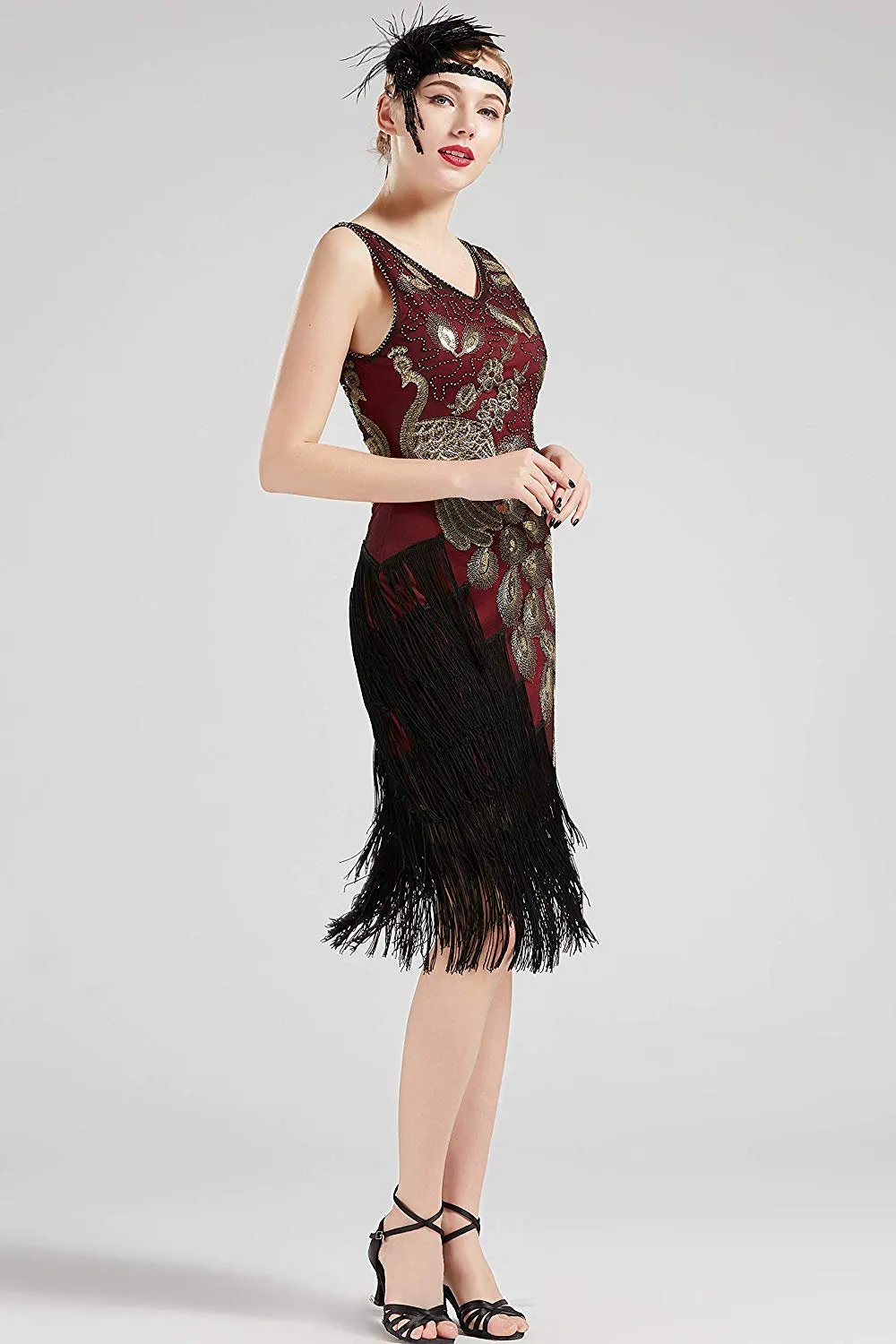 US STOCK Vintage 1920s Wine Unique Peacock Sequined Dress Gatsby Fringed Flapper Dress Roaring 20s Party Dress