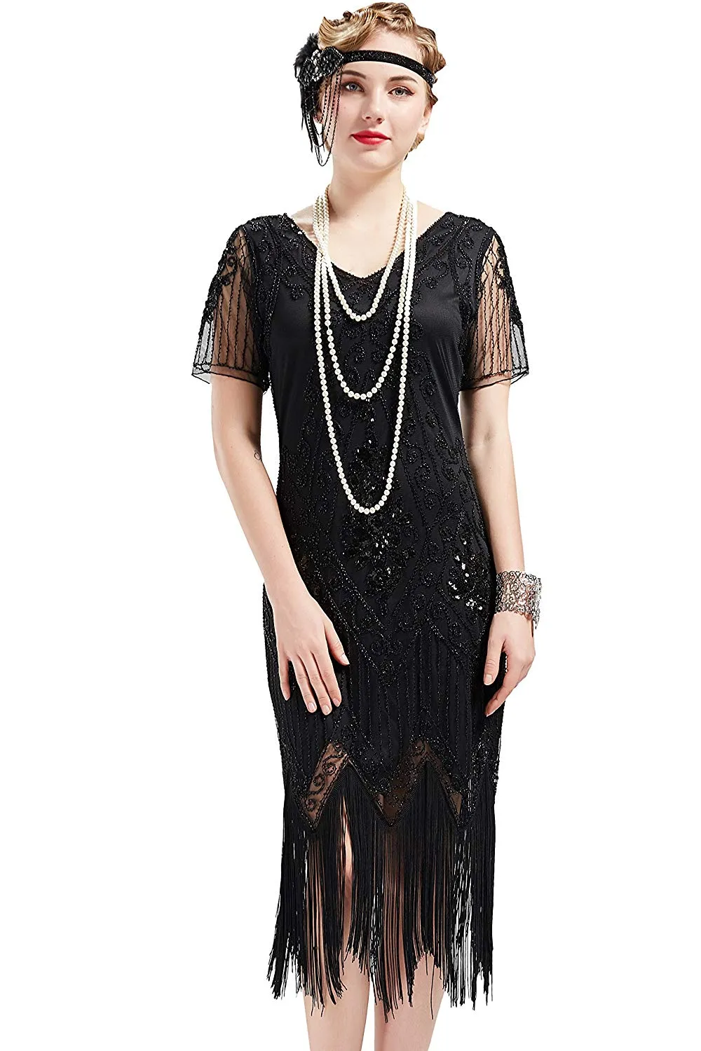 US STOCK Vintage Black 1920s Art Deco Unique Fringed Sequin Dress 20s Flapper Gatsby