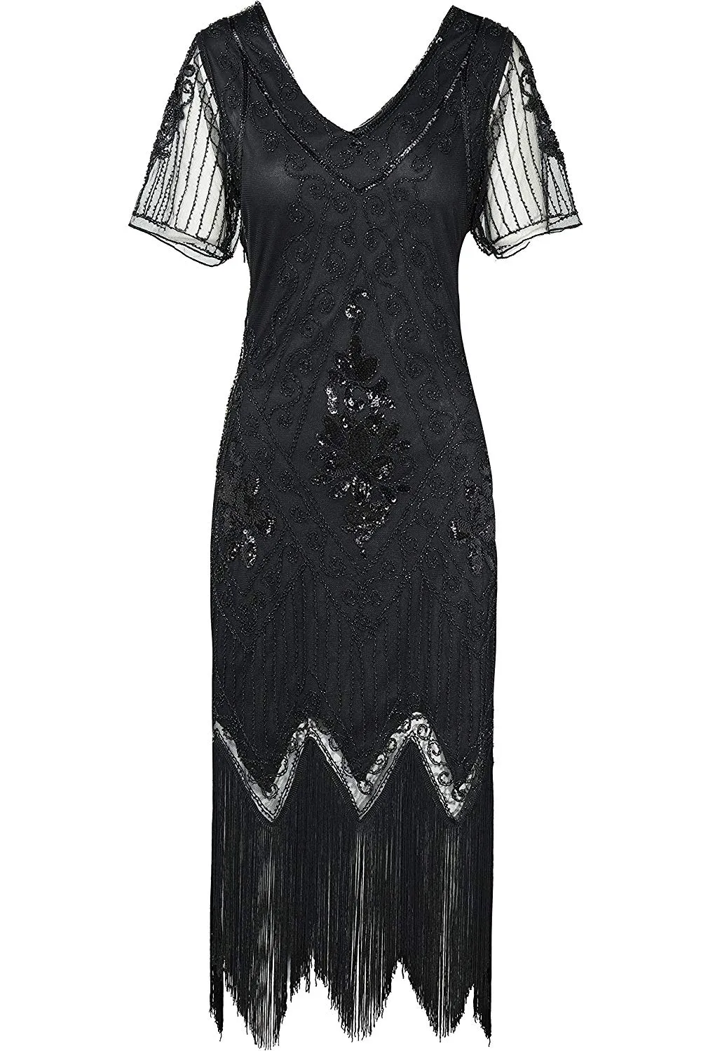 US STOCK Vintage Black 1920s Art Deco Unique Fringed Sequin Dress 20s Flapper Gatsby