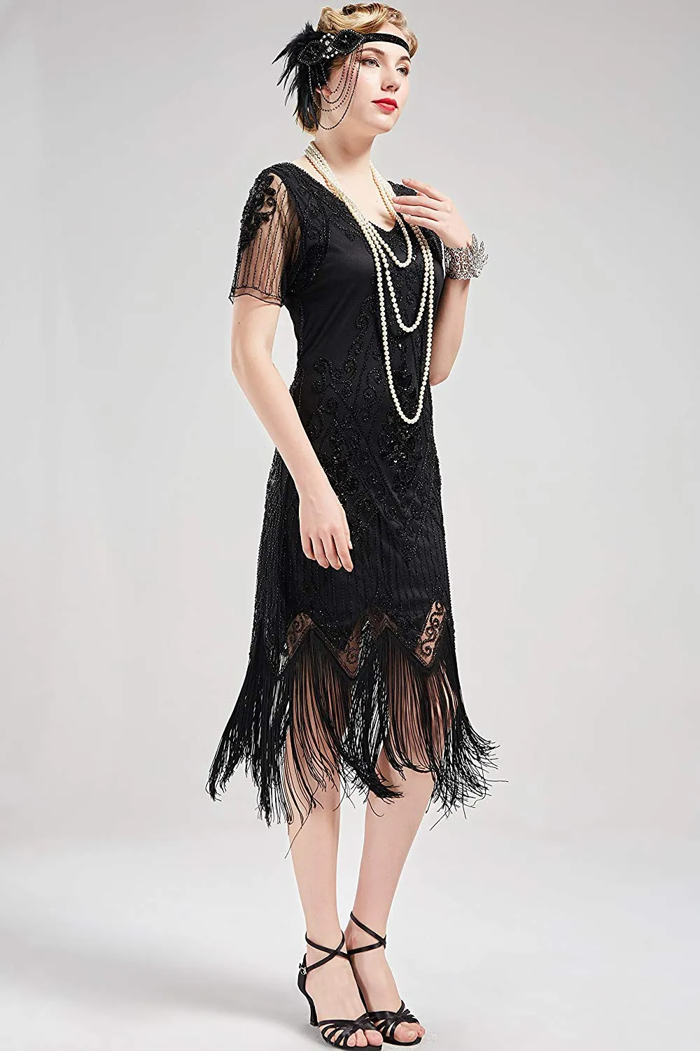 US STOCK Vintage Black 1920s Art Deco Unique Fringed Sequin Dress 20s Flapper Gatsby