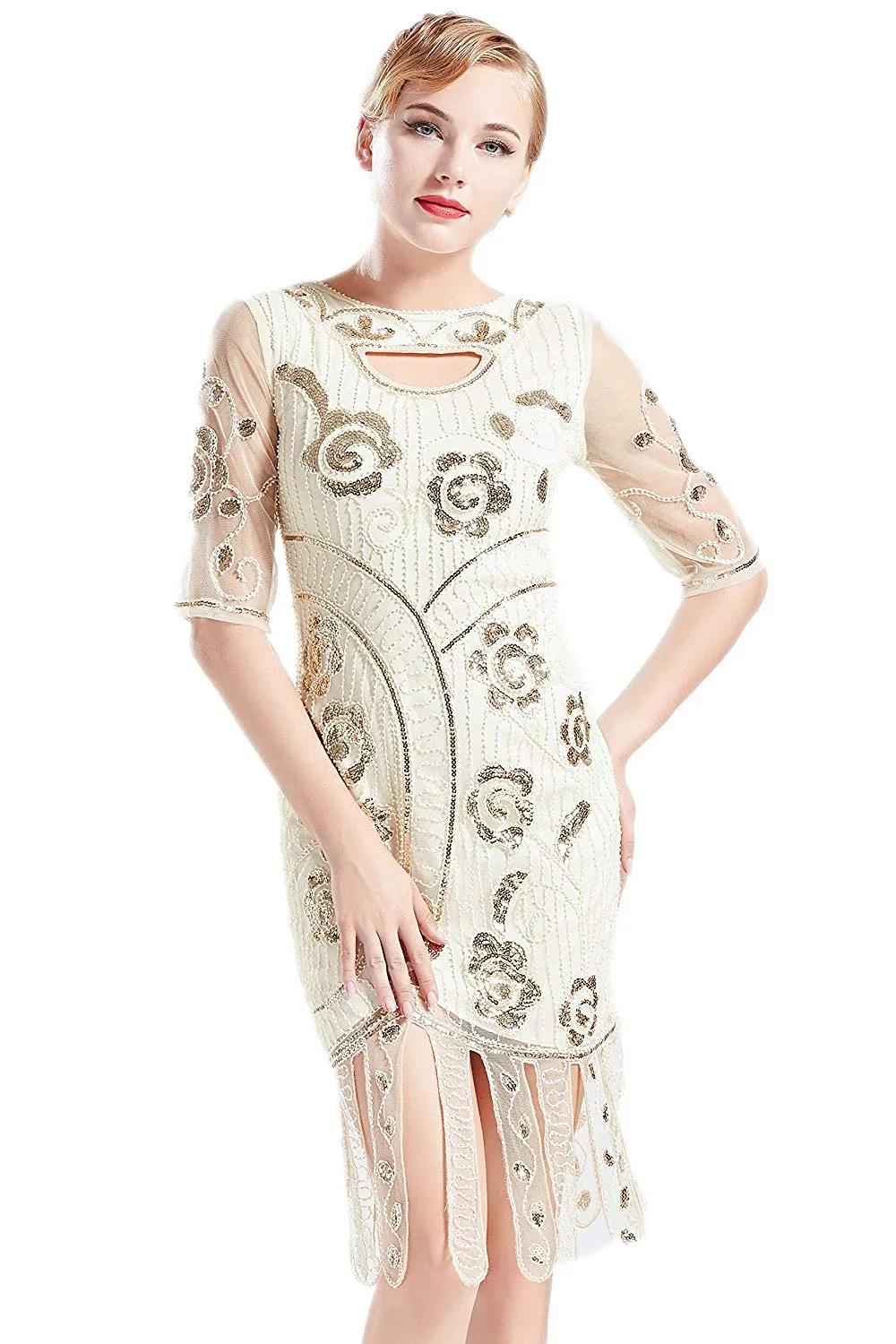 Vintage 1920s Unique Ivory White Flapper Dress Beaded Gatsby Dress Roaring 20s Sequins Dress Vintage Art Deco Dress Wedding