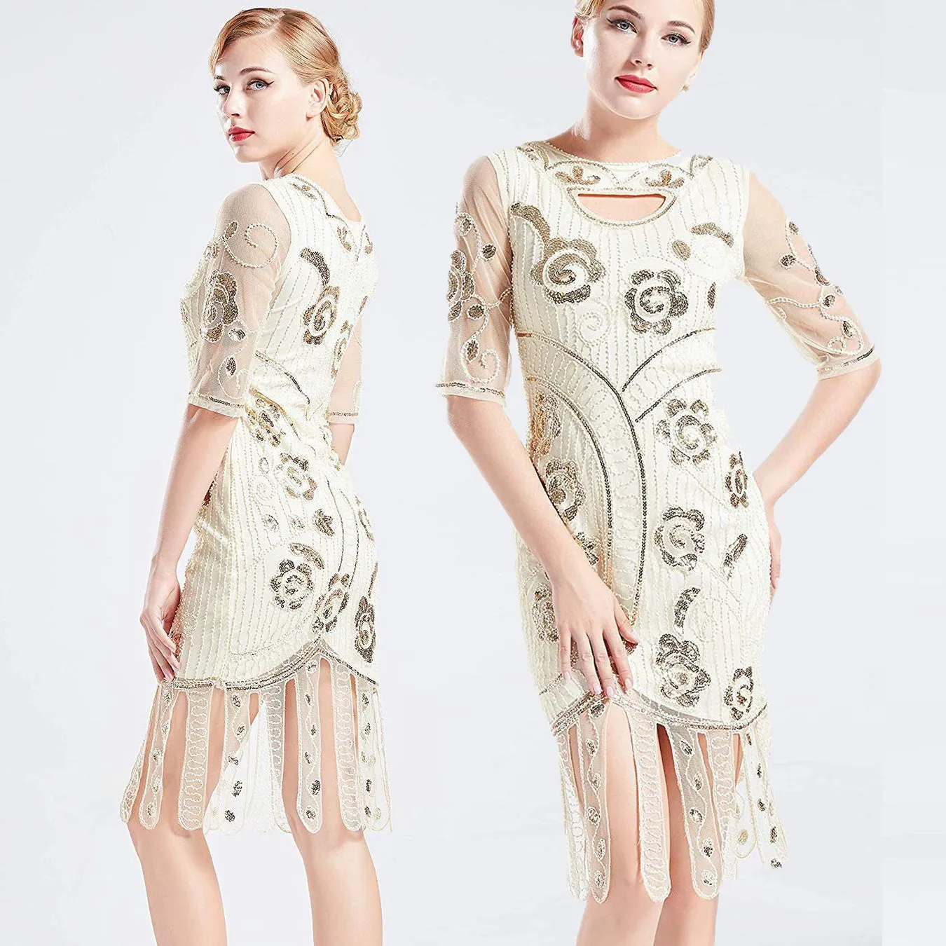 Vintage 1920s Unique Ivory White Flapper Dress Beaded Gatsby Dress Roaring 20s Sequins Dress Vintage Art Deco Dress Wedding