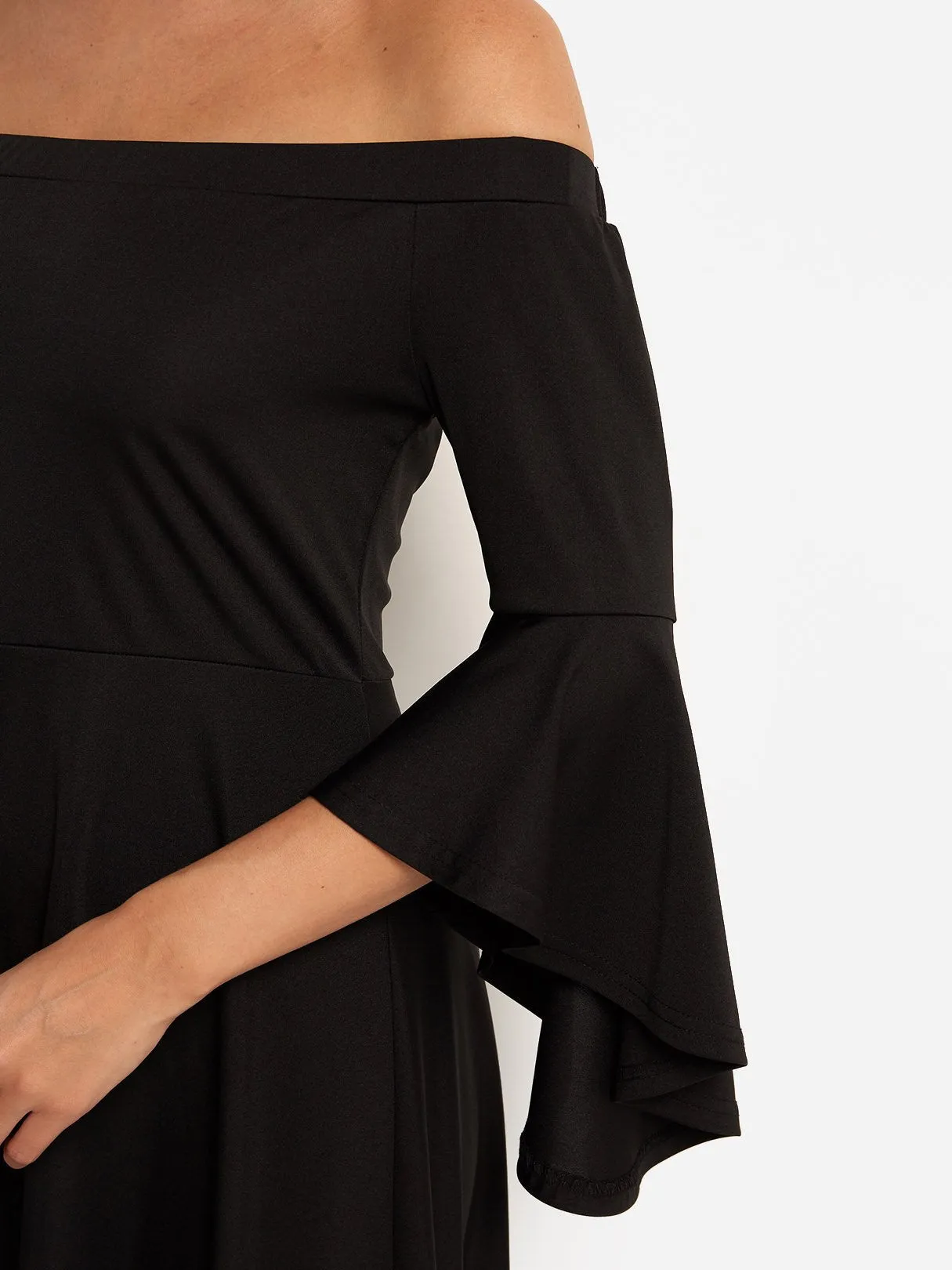 Wholesale Black Off The Shoulder 3/4 Length Sleeve High-Low Hem Dresses