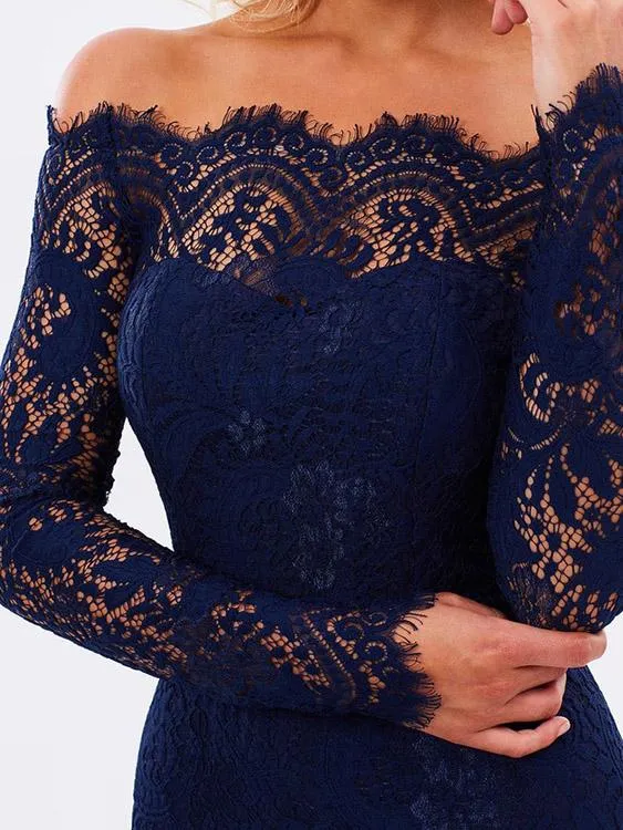 Wholesale Off The Shoulder Lace Zip Back Long Sleeve Dresses