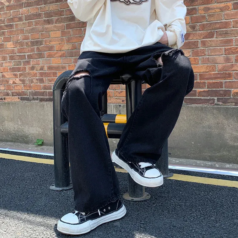 Wiaofellas - Harajuku Fashion Men’s Wide Leg Pants Hollow Out Patchwork Loose Fit Full Length Cotton Denim Jeans Hip Hop Straight Streetwear
