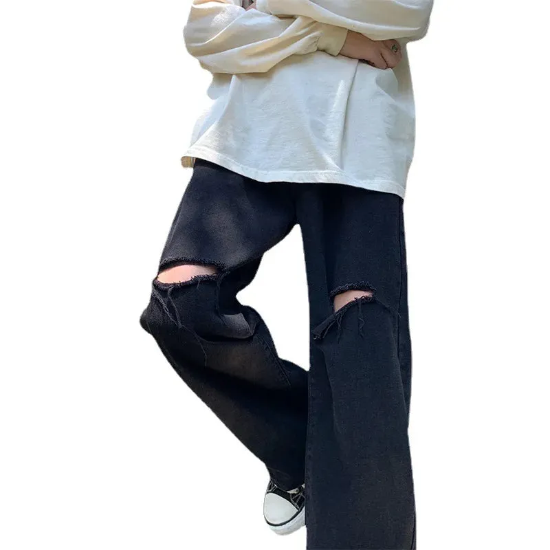 Wiaofellas - Harajuku Fashion Men’s Wide Leg Pants Hollow Out Patchwork Loose Fit Full Length Cotton Denim Jeans Hip Hop Straight Streetwear