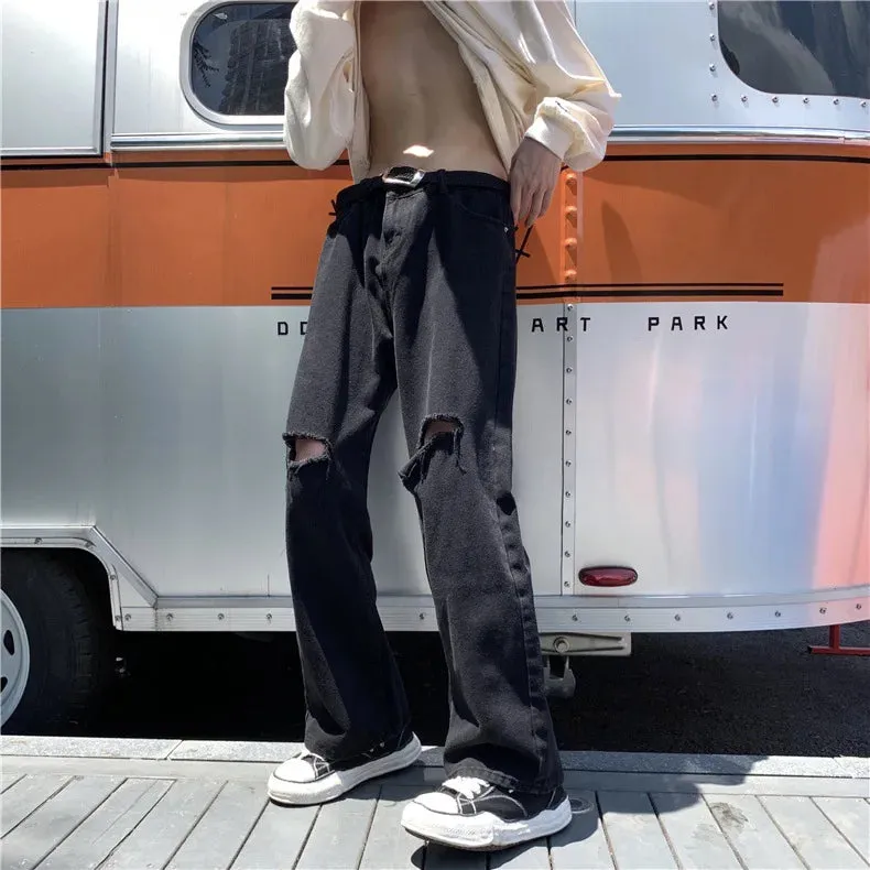 Wiaofellas - Harajuku Fashion Men’s Wide Leg Pants Hollow Out Patchwork Loose Fit Full Length Cotton Denim Jeans Hip Hop Straight Streetwear
