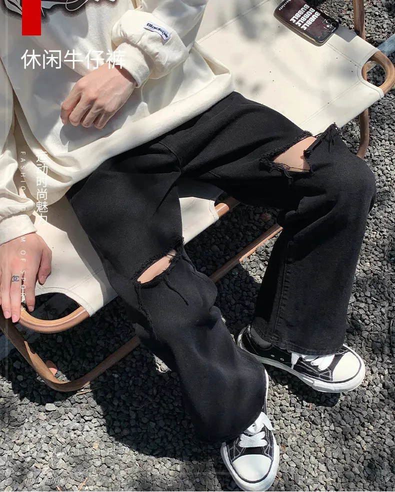 Wiaofellas - Harajuku Fashion Men’s Wide Leg Pants Hollow Out Patchwork Loose Fit Full Length Cotton Denim Jeans Hip Hop Straight Streetwear