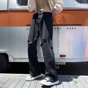 Wiaofellas - Harajuku Fashion Men’s Wide Leg Pants Hollow Out Patchwork Loose Fit Full Length Cotton Denim Jeans Hip Hop Straight Streetwear